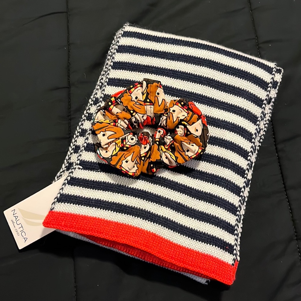 Nautica black & white striped scarf with orange ends & Harry Potter scrunchie!